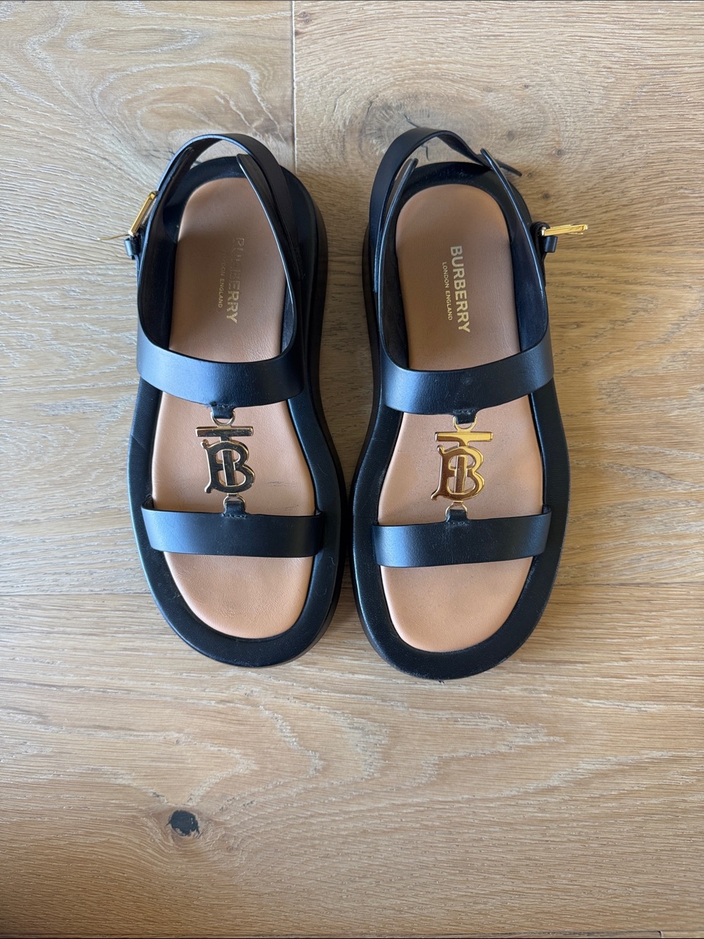 Burberry Black Leather Sandals with Gold TB Logo